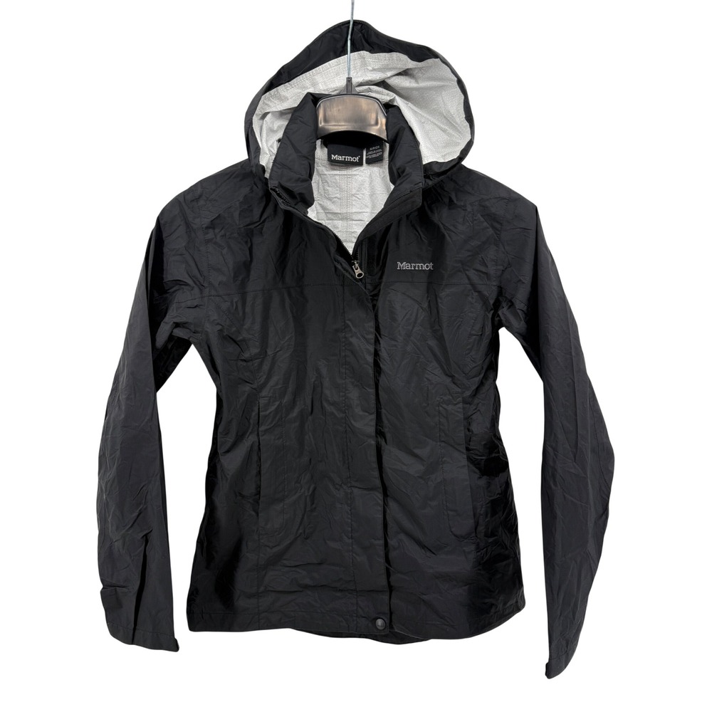 Marmot Rain Jacket Womens Small Pre-Owned Jacket Black Hooded Zipped Windbreaker